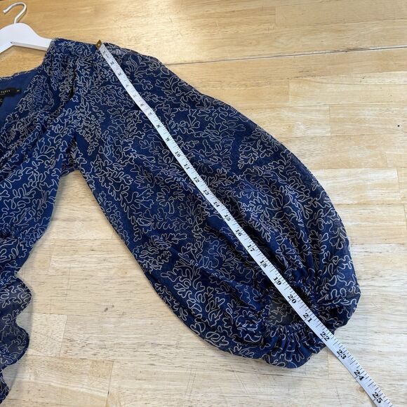 Ted Baker Mildred Blouse Balloon Sleeve Navy Beige Peasant Sheer Top Size 2 US 6 - Picture 14 of 14